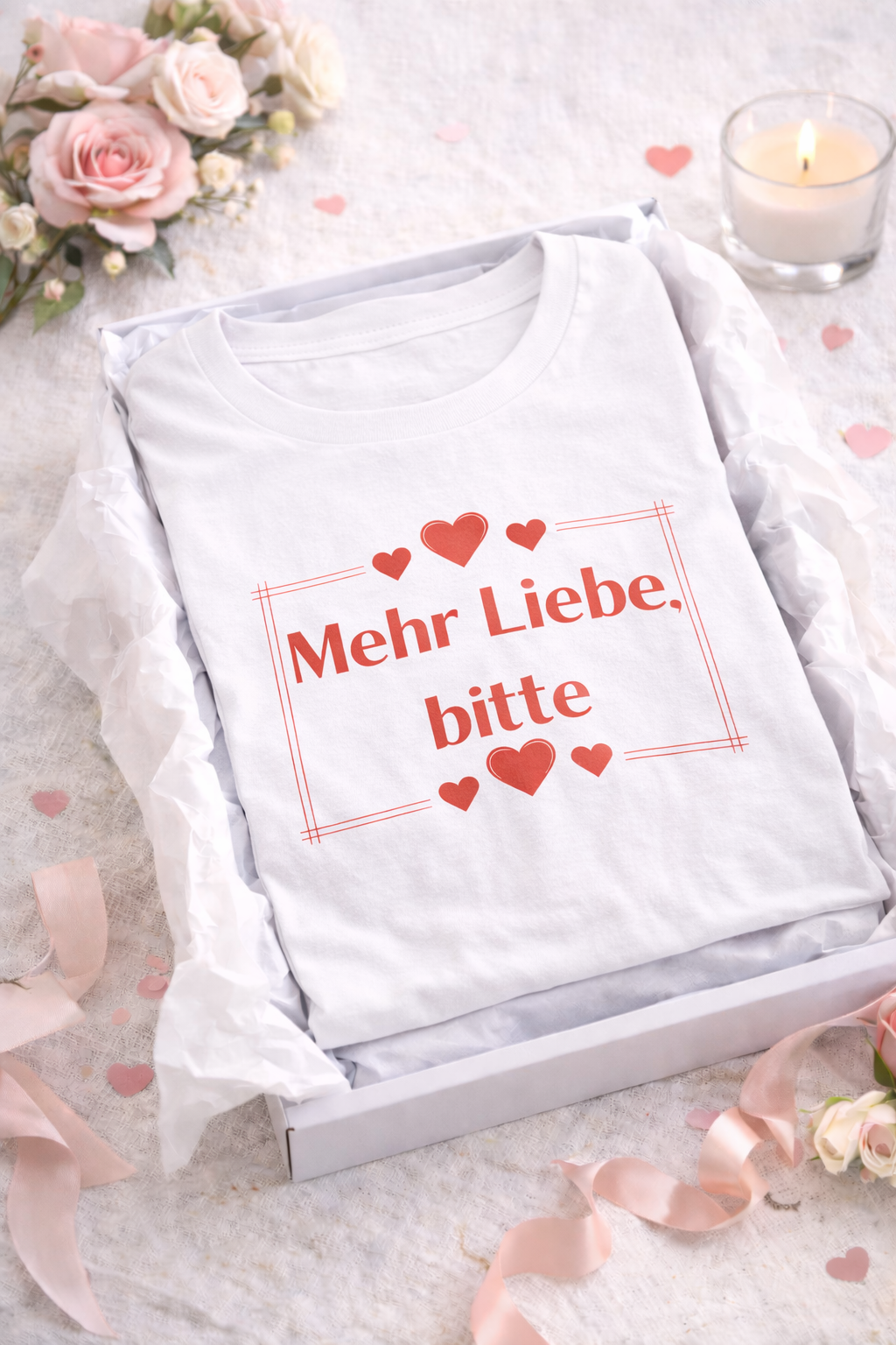 Unisex T-Shirt mit dem Schriftzug „Mehr Liebe, bitte“, dekorativen Herzen und schlichtem romantischem Design in Rot auf weißem oder rosafarbenem Shirt.
