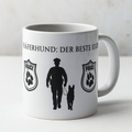 Weiße 330 ml Keramiktasse mit der Aufschrift „Der beste Kollege der Welt“, Polizeihund-Abzeichen sowie Silhouette eines Polizeibeamten mit Diensthund.