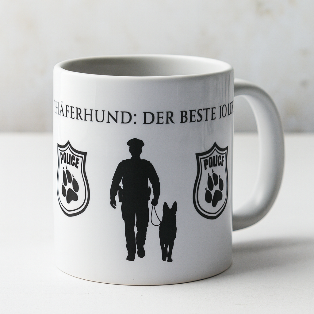 Weiße 330 ml Keramiktasse mit der Aufschrift „Der beste Kollege der Welt“, Polizeihund-Abzeichen sowie Silhouette eines Polizeibeamten mit Diensthund.