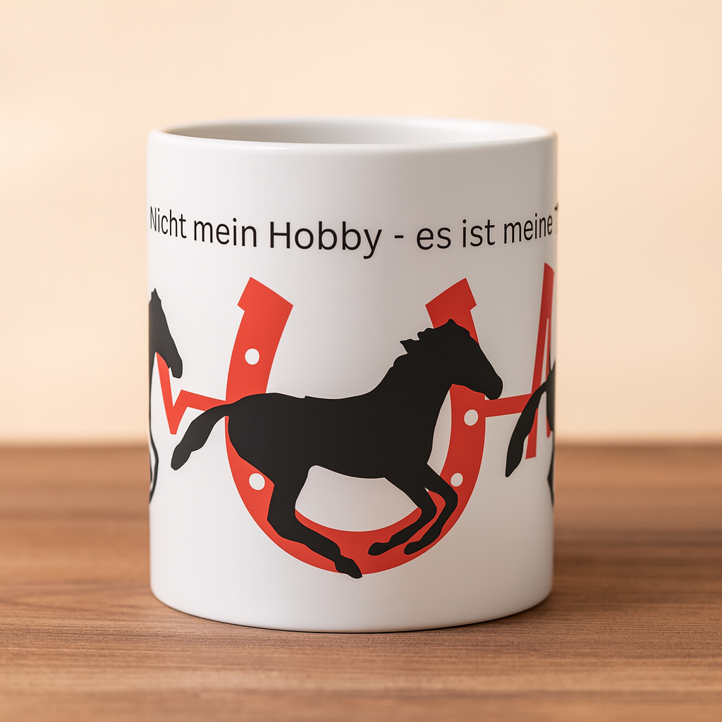 Weiße 330 ml Keramiktasse mit dem Spruch „Reiten ist nicht mein Hobby – es ist meine Therapie“, Herzschlag-Design und schwarzer Pferdesilhouette – Geschenk für Reiter und Pferdefans.