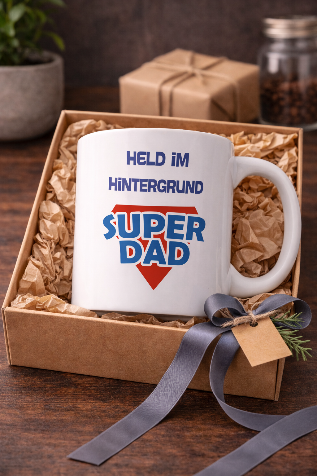 Weiße Keramiktasse mit dem Schriftzug „Held im Hintergrund“ und „Super Dad“ im Superhelden-Stil – 300-ml-Tasse als Geschenk für Papa.