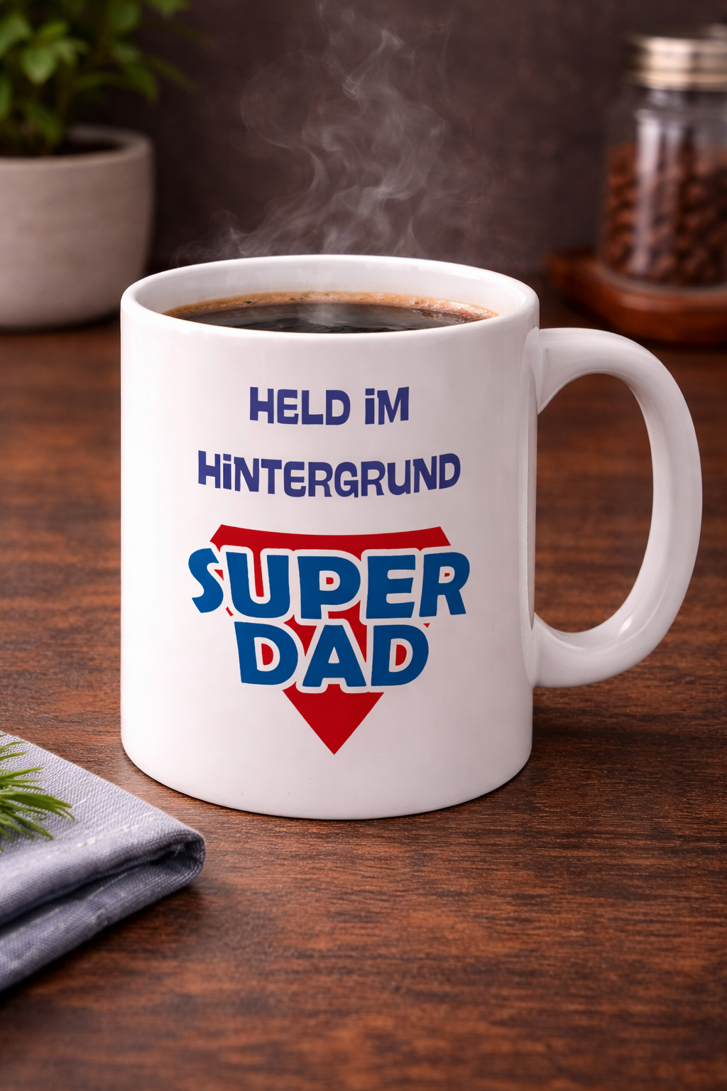Weiße Keramiktasse mit dem Schriftzug „Held im Hintergrund“ und „Super Dad“ im Superhelden-Stil – 300-ml-Tasse als Geschenk für Papa.