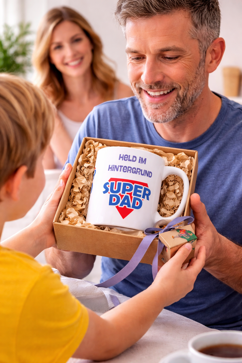 Weiße Keramiktasse mit dem Schriftzug „Held im Hintergrund“ und „Super Dad“ im Superhelden-Stil – 300-ml-Tasse als Geschenk für Papa.