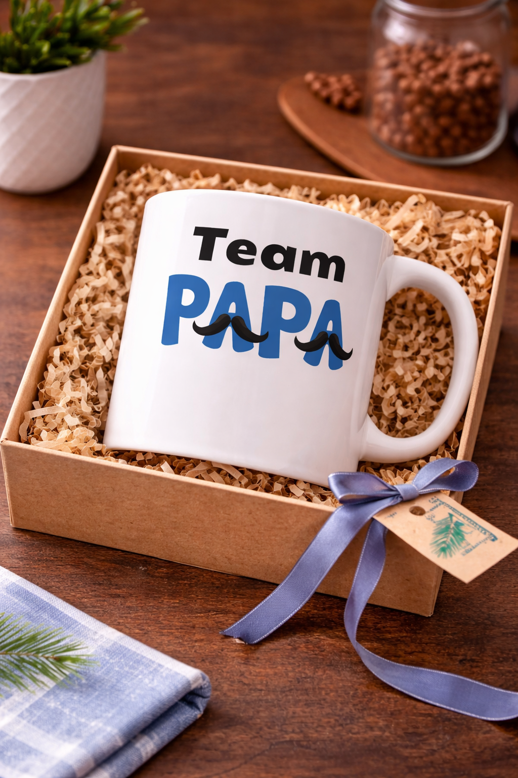 Weiße 300-ml-Keramiktasse mit dem Schriftzug „Team Papa“ in Blau und Schwarz sowie dekorativen Schnurrbart-Motiven – modernes Geschenk für Väter.