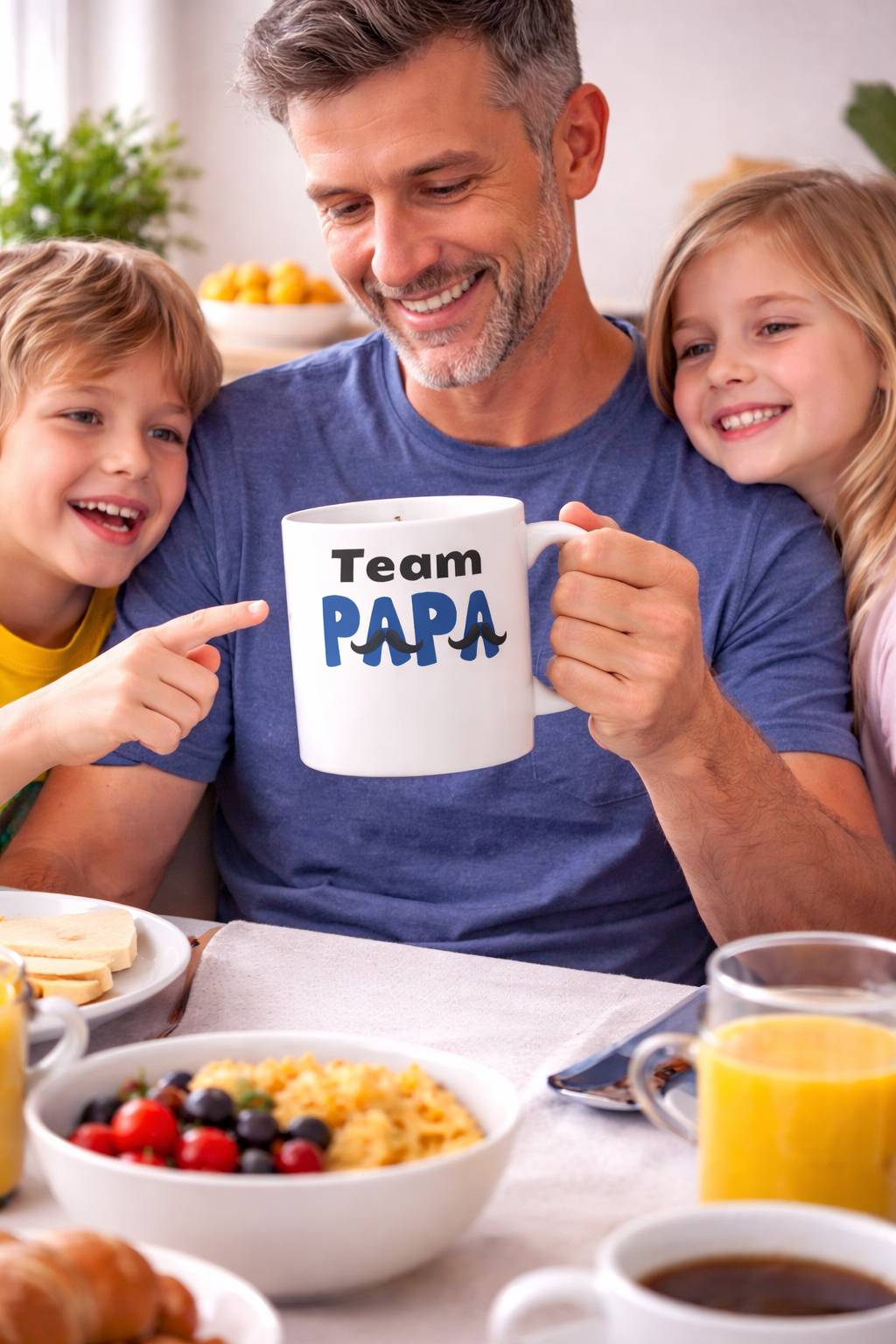 Weiße 300-ml-Keramiktasse mit dem Schriftzug „Team Papa“ in Blau und Schwarz sowie dekorativen Schnurrbart-Motiven – modernes Geschenk für Väter.