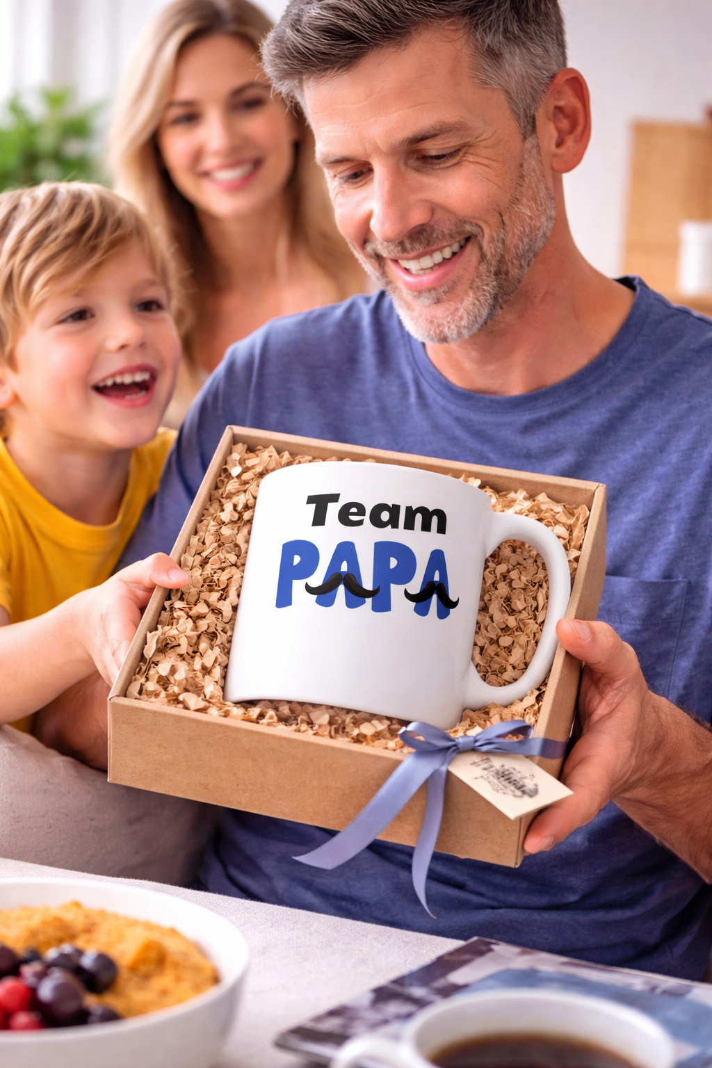 Weiße 300-ml-Keramiktasse mit dem Schriftzug „Team Papa“ in Blau und Schwarz sowie dekorativen Schnurrbart-Motiven – modernes Geschenk für Väter.