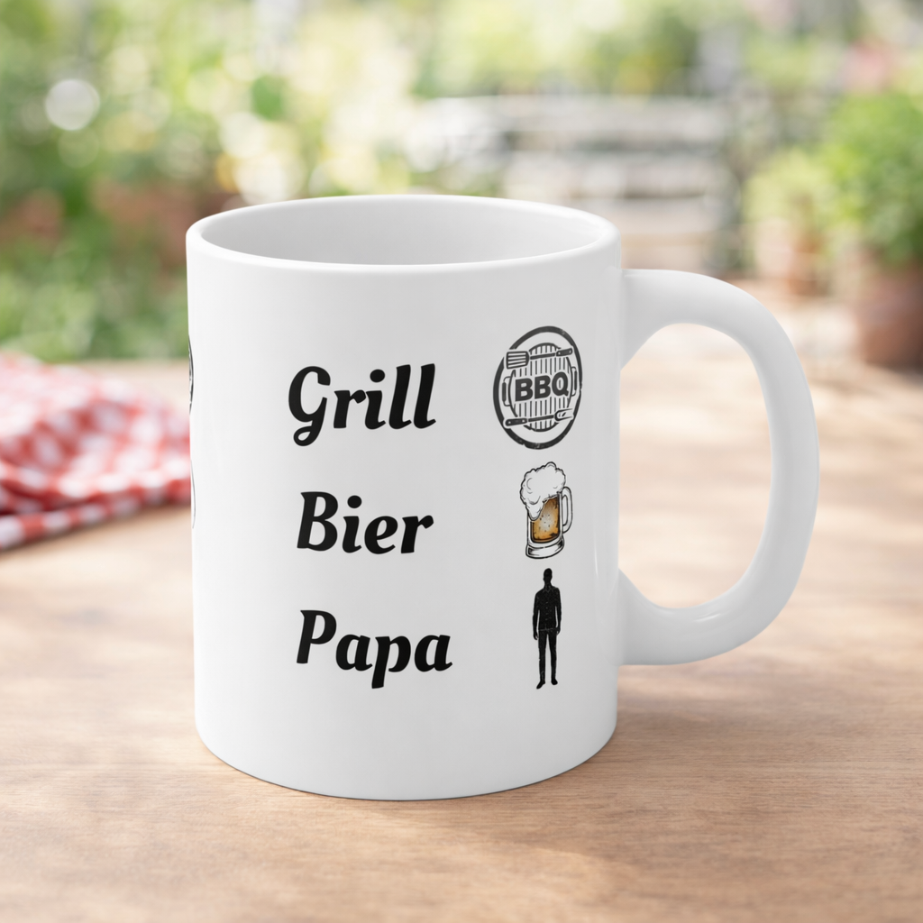 Weiße 300-ml-Keramiktasse mit dem Schriftzug „Grill Bier Papa“, BBQ-Symbol, Bierkrug und Papa-Silhouette – lustige Geschenkidee für Grillfans.