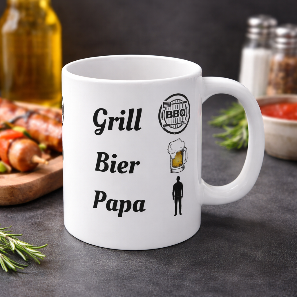 Weiße 300-ml-Keramiktasse mit dem Schriftzug „Grill Bier Papa“, BBQ-Symbol, Bierkrug und Papa-Silhouette – lustige Geschenkidee für Grillfans.