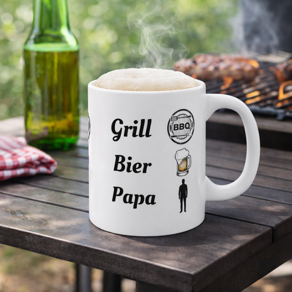 Weiße 300-ml-Keramiktasse mit dem Schriftzug „Grill Bier Papa“, BBQ-Symbol, Bierkrug und Papa-Silhouette – lustige Geschenkidee für Grillfans.