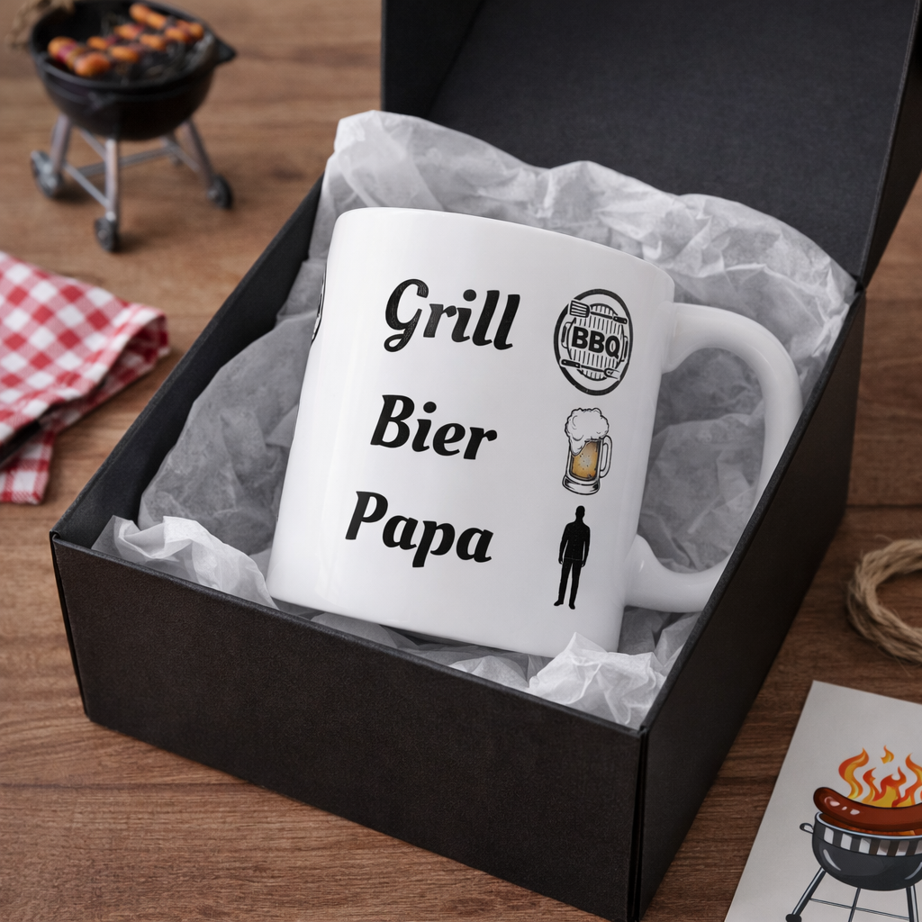 Weiße 300-ml-Keramiktasse mit dem Schriftzug „Grill Bier Papa“, BBQ-Symbol, Bierkrug und Papa-Silhouette – lustige Geschenkidee für Grillfans.