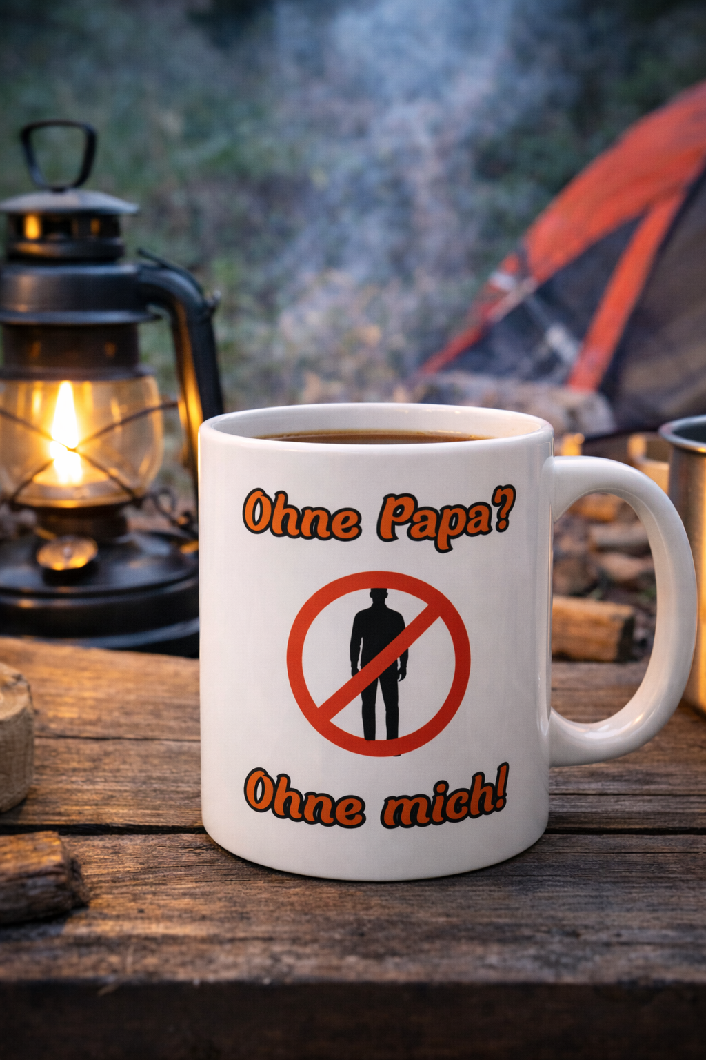 Weiße 300-ml-Keramiktasse mit dem lustigen Spruch „Ohne Papa? Ohne mich!“ und einem roten Verbotszeichen als humorvolles Geschenk für Väter.