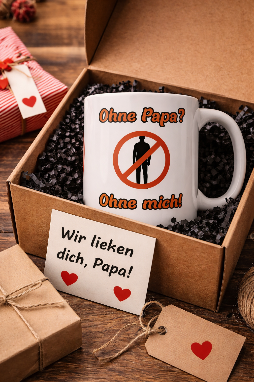 Weiße 300-ml-Keramiktasse mit dem lustigen Spruch „Ohne Papa? Ohne mich!“ und einem roten Verbotszeichen als humorvolles Geschenk für Väter.
