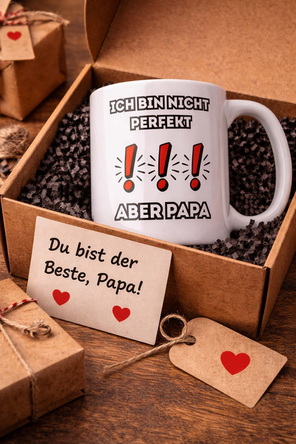 Weiße 300-ml-Keramiktasse mit dem Spruch „Ich bin nicht perfekt, aber Papa“ und roten Ausrufezeichen – lustige Geschenkidee für Väter.