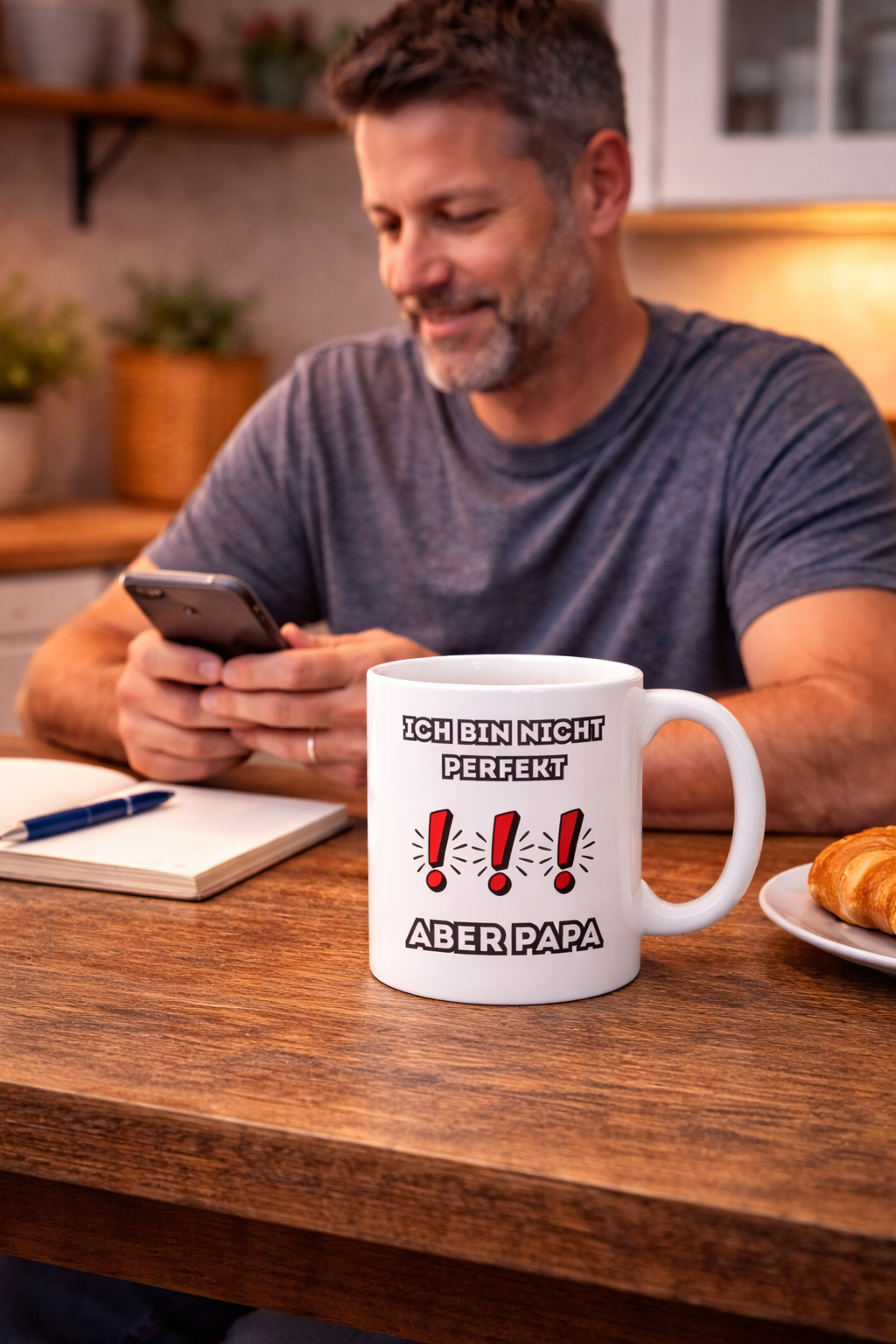 Weiße 300-ml-Keramiktasse mit dem Spruch „Ich bin nicht perfekt, aber Papa“ und roten Ausrufezeichen – lustige Geschenkidee für Väter.