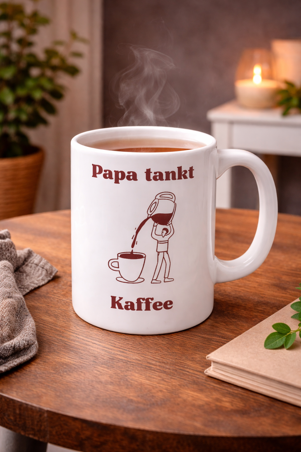 Weiße 300-ml-Keramiktasse mit dem Spruch „Papa tankt Kaffee“ und einer humorvollen Illustration einer riesigen Kaffeekanne als Geschenk für kaffeeliebende Väter.