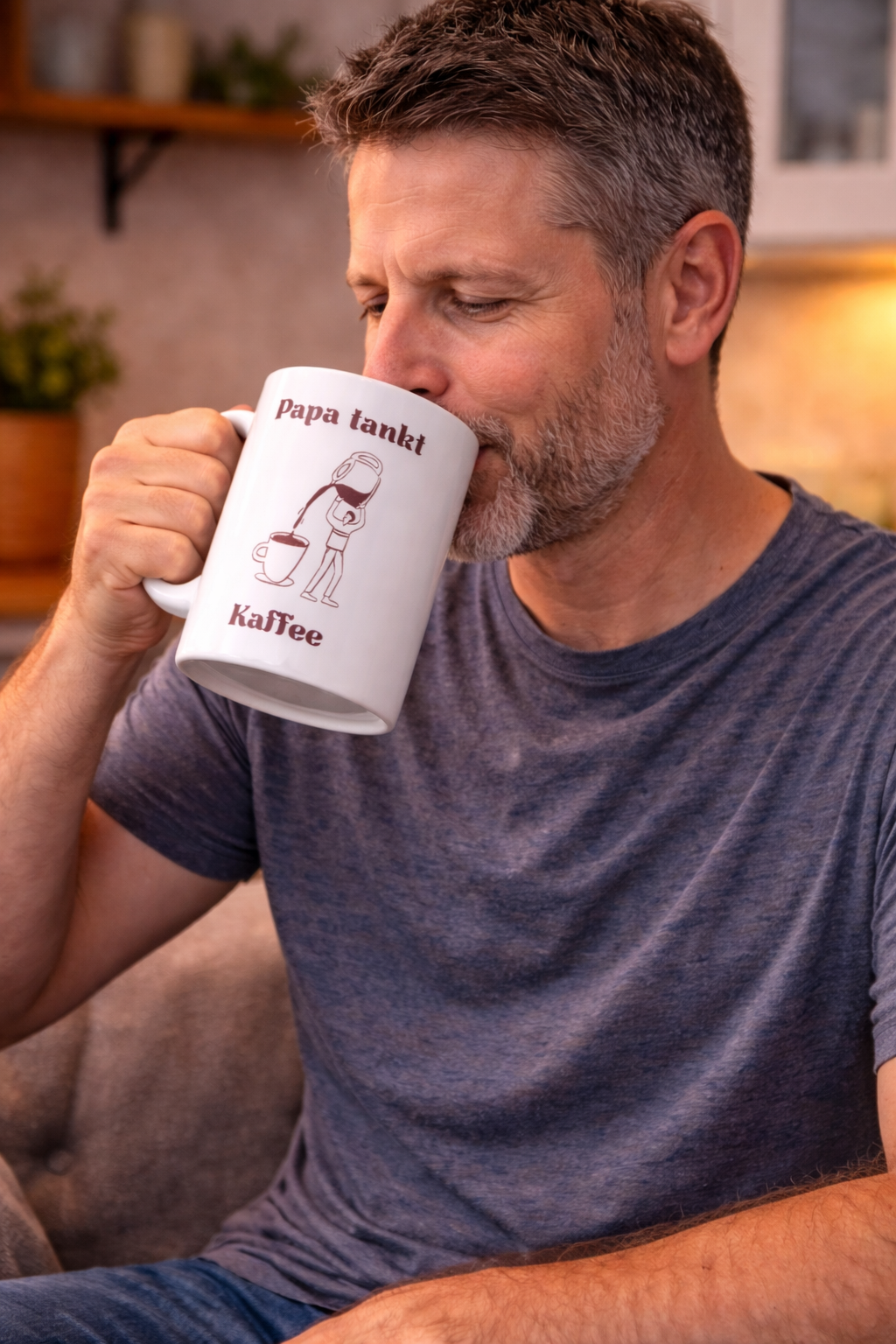 Weiße 300-ml-Keramiktasse mit dem Spruch „Papa tankt Kaffee“ und einer humorvollen Illustration einer riesigen Kaffeekanne als Geschenk für kaffeeliebende Väter.