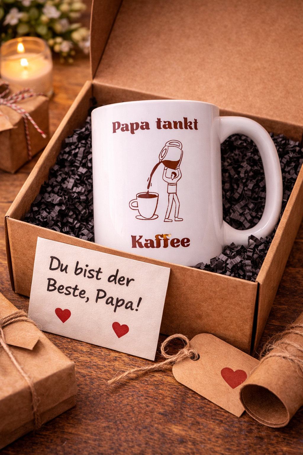 Weiße 300-ml-Keramiktasse mit dem Spruch „Papa tankt Kaffee“ und einer humorvollen Illustration einer riesigen Kaffeekanne als Geschenk für kaffeeliebende Väter.