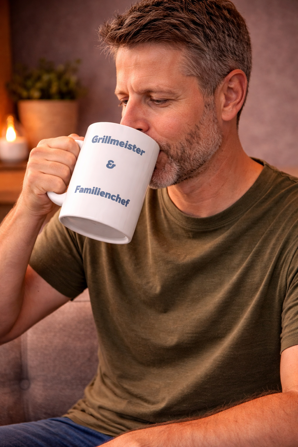Weiße Keramiktasse mit dem Schriftzug „Grillmeister & Familienchef“ und einem grauen „BOSS“-Stempel – 300-ml-Tasse für Grillfans und Papas.