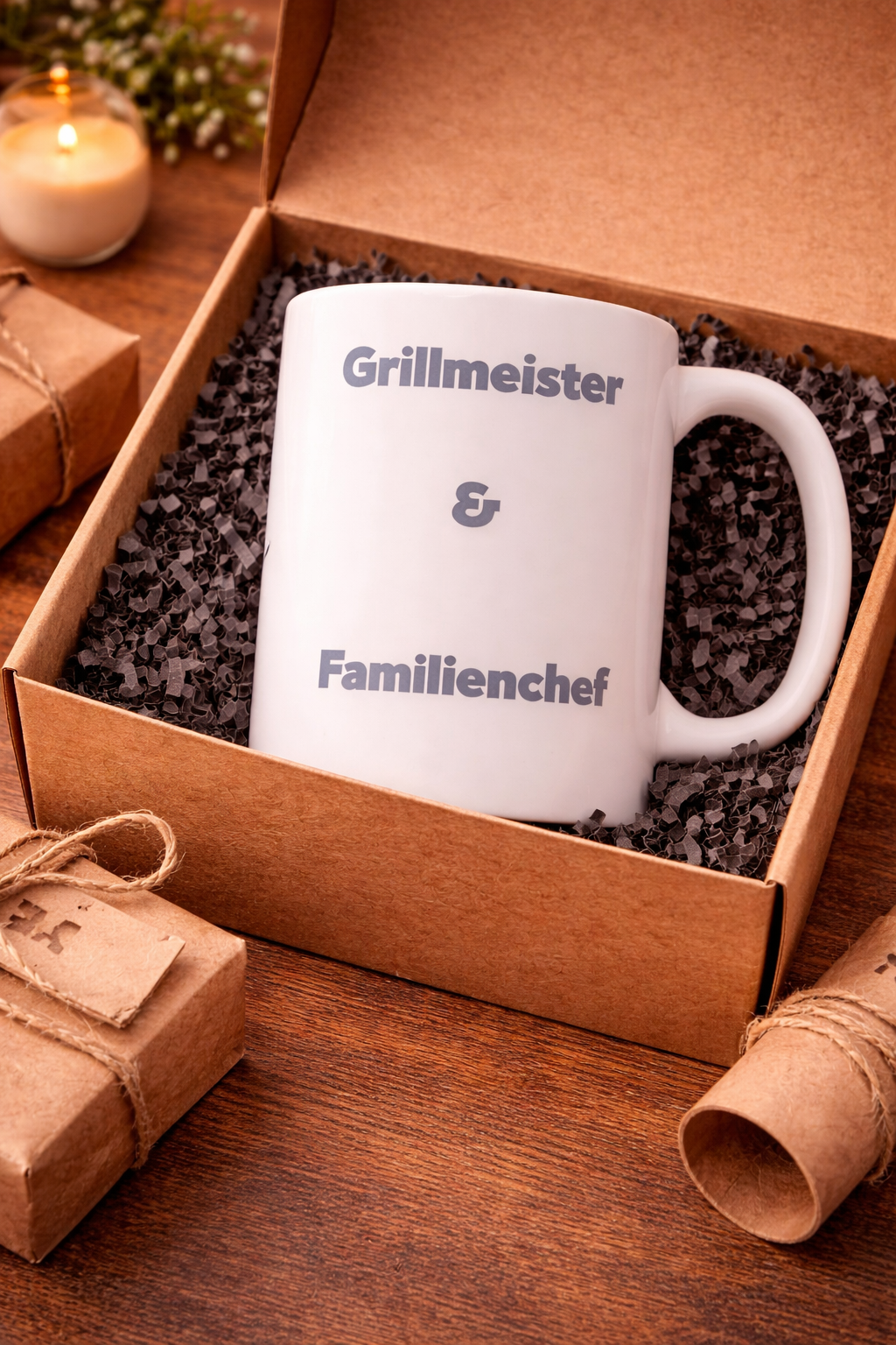 Weiße Keramiktasse mit dem Schriftzug „Grillmeister & Familienchef“ und einem grauen „BOSS“-Stempel – 300-ml-Tasse für Grillfans und Papas.