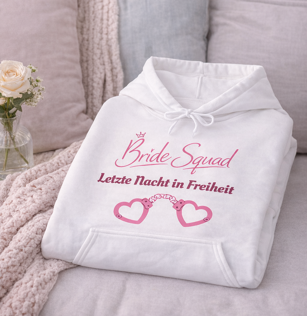Weißer Unisex-Hoodie mit dem Schriftzug „Bride Squad – Letzte Nacht in Freiheit“ und rosa Herz-Handschellen als Motiv – ideal für den Junggesellinnenabschied.