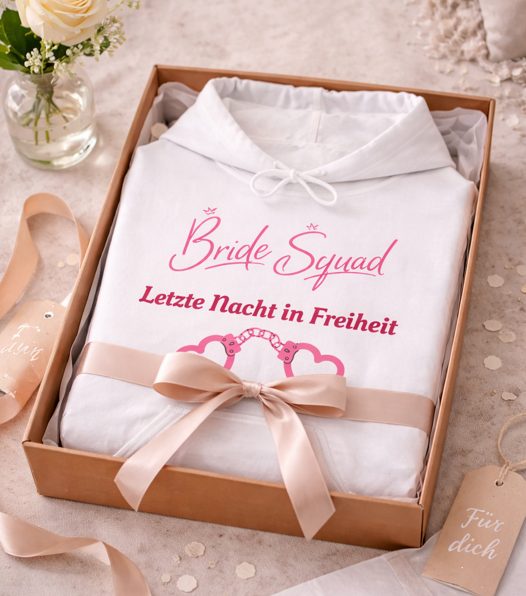 Weißer Unisex-Hoodie mit dem Schriftzug „Bride Squad – Letzte Nacht in Freiheit“ und rosa Herz-Handschellen als Motiv – ideal für den Junggesellinnenabschied.