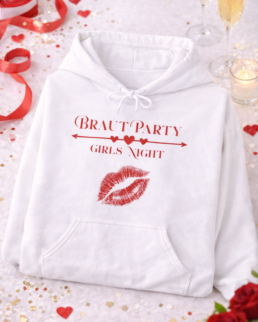 Weißer Unisex-Hoodie mit dem Schriftzug „Braut Party – Girls Night“, Herzpfeil und rotem Kussmund – perfekt für den Junggesellinnenabschied und Team Braut.
