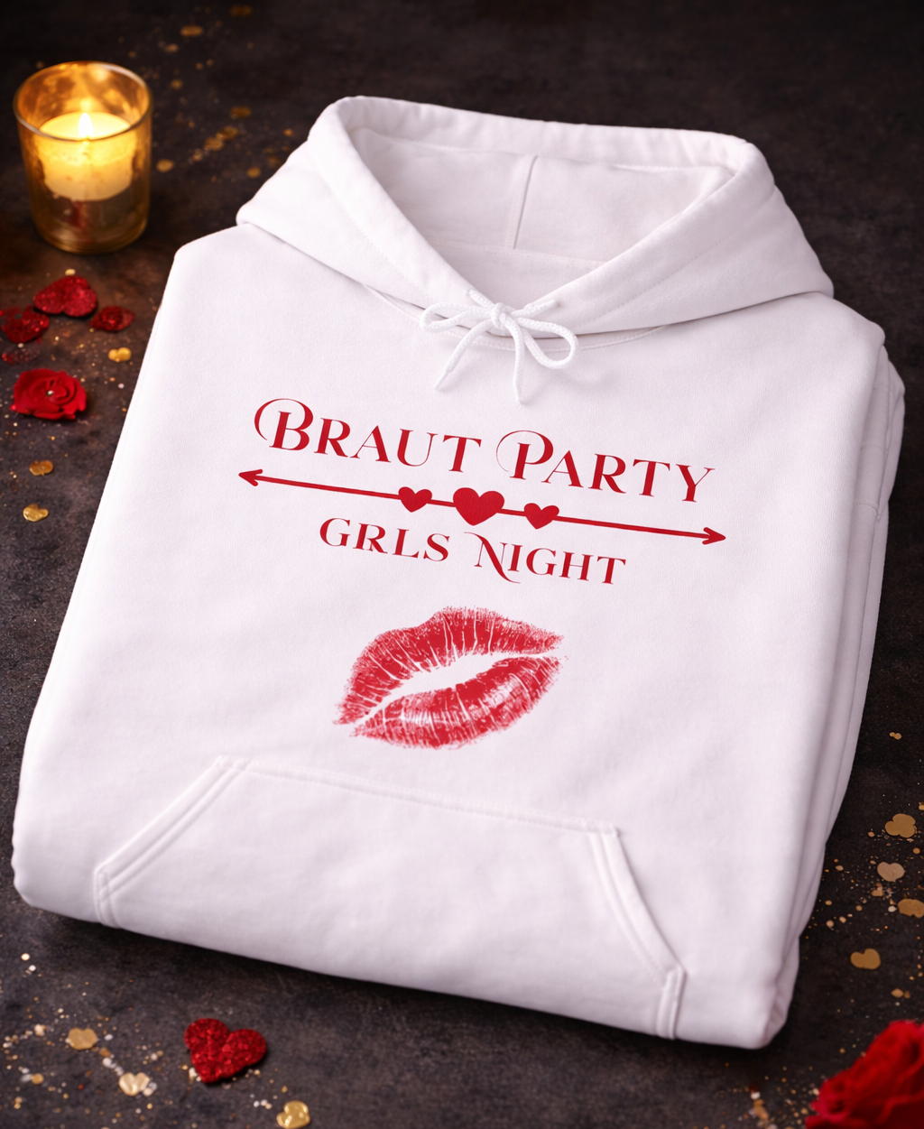 Weißer Unisex-Hoodie mit dem Schriftzug „Braut Party – Girls Night“, Herzpfeil und rotem Kussmund – perfekt für den Junggesellinnenabschied und Team Braut.