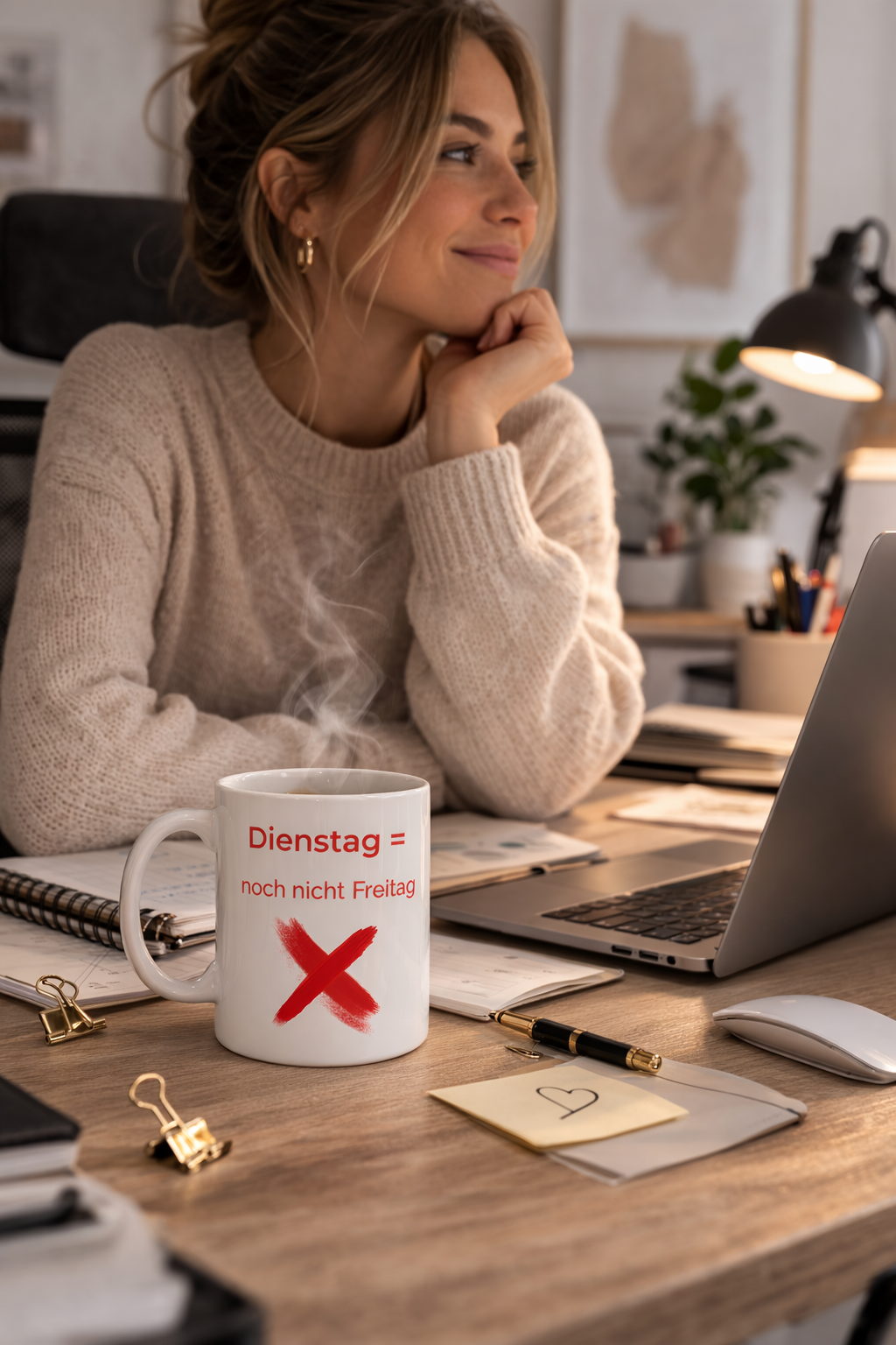 Weiße 300-ml-Keramiktasse mit dem humorvollen Spruch „Dienstag = noch nicht Freitag“ und einem roten X als witziges Büro- und Homeoffice-Geschenk.