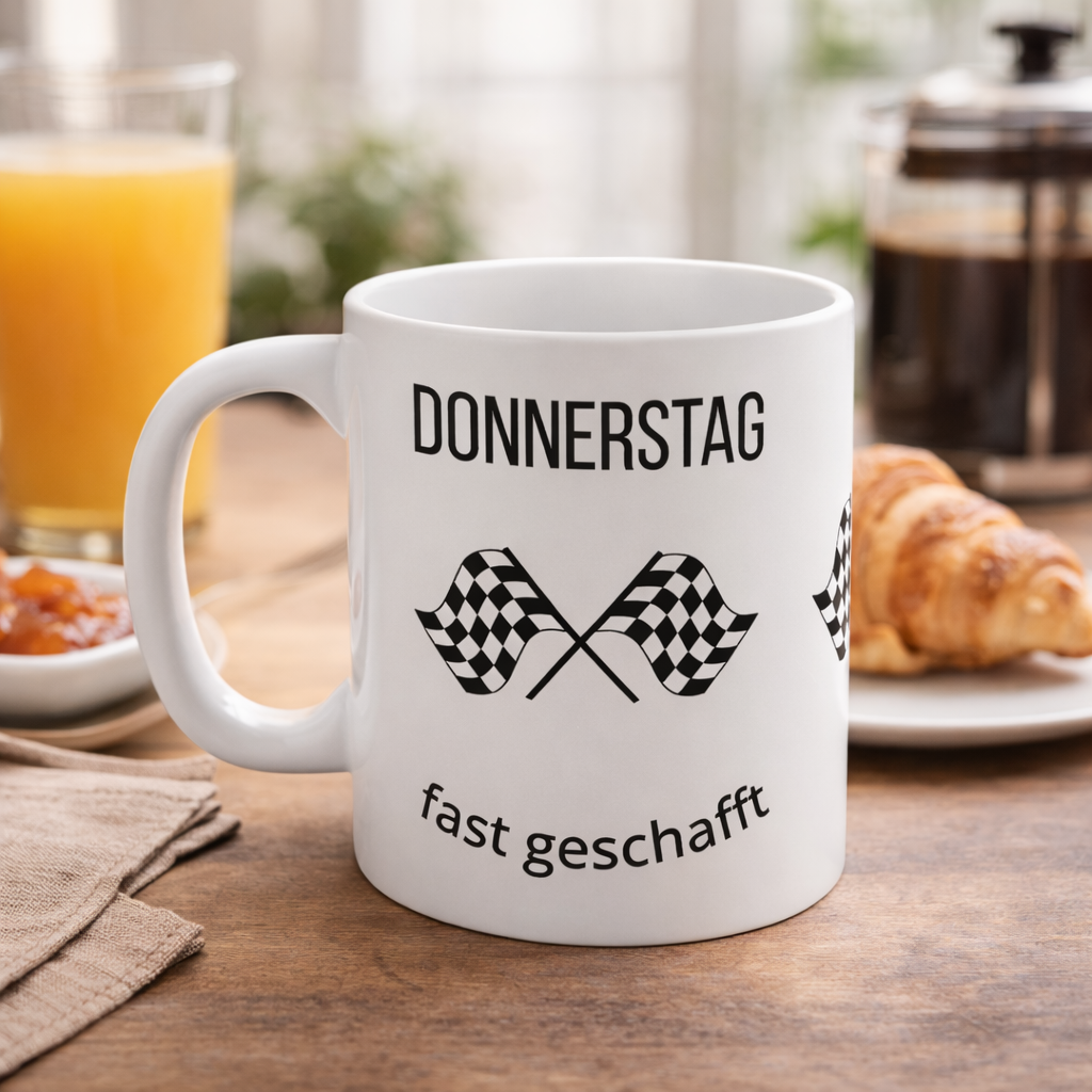 Weiße 300-ml-Keramiktasse mit dem Spruch „Donnerstag fast geschafft“ und zwei schwarz-weißen Zielflaggen – lustige Bürotasse für den Countdown zum Wochenende.