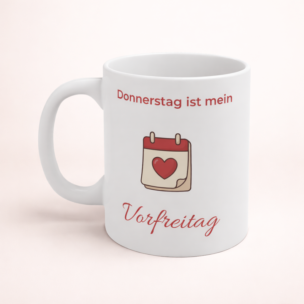 Weiße 300-ml-Keramiktasse mit dem Spruch „Donnerstag ist mein Vorfreitag“ und einem Kalender mit Herz – lustige Bürotasse für alle, die sich aufs Wochenende freuen.