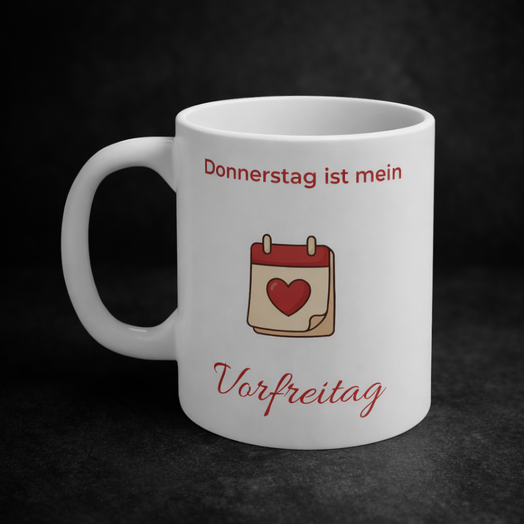 Weiße 300-ml-Keramiktasse mit dem Spruch „Donnerstag ist mein Vorfreitag“ und einem Kalender mit Herz – lustige Bürotasse für alle, die sich aufs Wochenende freuen.
