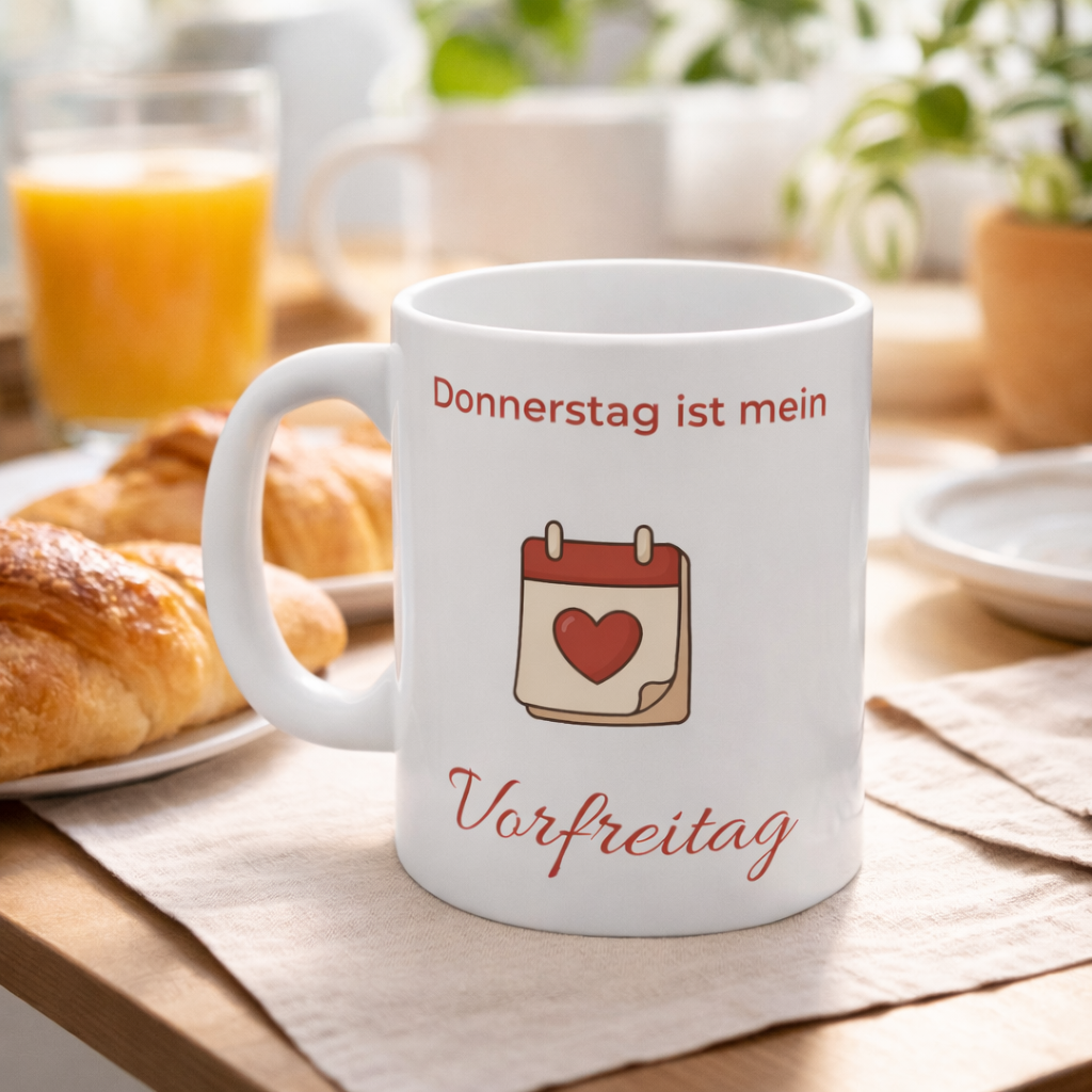 Weiße 300-ml-Keramiktasse mit dem Spruch „Donnerstag ist mein Vorfreitag“ und einem Kalender mit Herz – lustige Bürotasse für alle, die sich aufs Wochenende freuen.