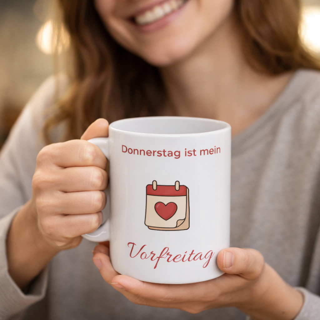 Weiße 300-ml-Keramiktasse mit dem Spruch „Donnerstag ist mein Vorfreitag“ und einem Kalender mit Herz – lustige Bürotasse für alle, die sich aufs Wochenende freuen.