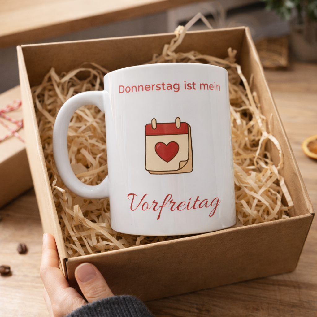 Weiße 300-ml-Keramiktasse mit dem Spruch „Donnerstag ist mein Vorfreitag“ und einem Kalender mit Herz – lustige Bürotasse für alle, die sich aufs Wochenende freuen.