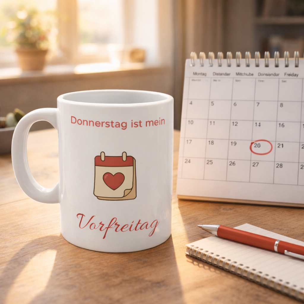 Weiße 300-ml-Keramiktasse mit dem Spruch „Donnerstag ist mein Vorfreitag“ und einem Kalender mit Herz – lustige Bürotasse für alle, die sich aufs Wochenende freuen.