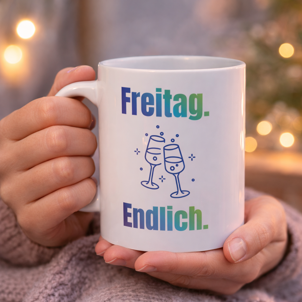 Weiße 300-ml-Keramiktasse mit dem Spruch „Freitag. Endlich.“ und zwei anstoßenden Gläsern – moderne Bürotasse für Feierabend und Wochenende.