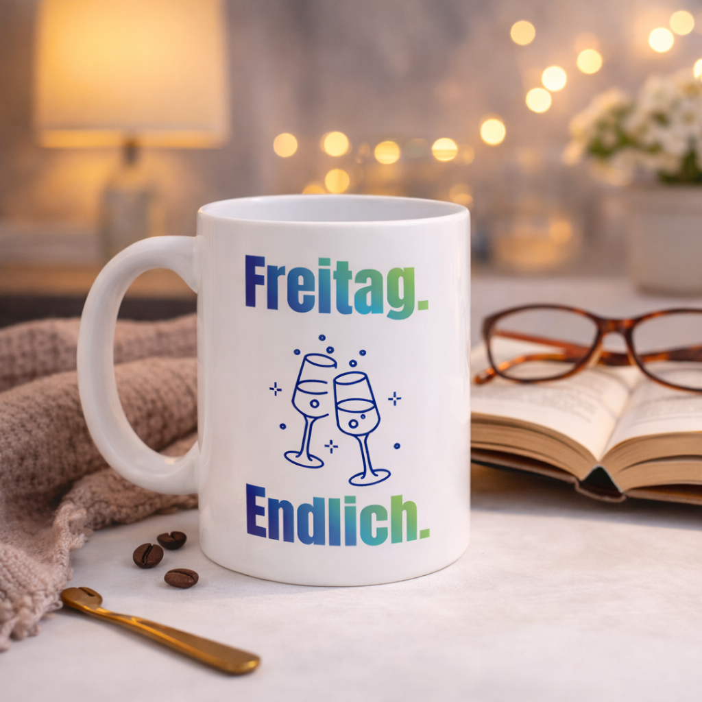 Weiße 300-ml-Keramiktasse mit dem Spruch „Freitag. Endlich.“ und zwei anstoßenden Gläsern – moderne Bürotasse für Feierabend und Wochenende.