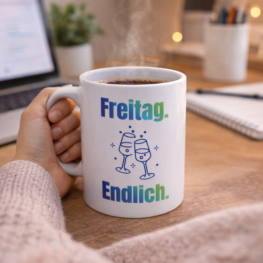 Weiße 300-ml-Keramiktasse mit dem Spruch „Freitag. Endlich.“ und zwei anstoßenden Gläsern – moderne Bürotasse für Feierabend und Wochenende.