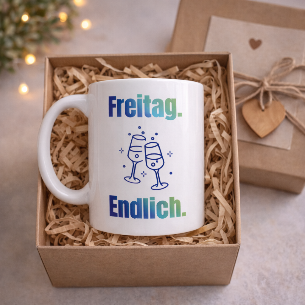Weiße 300-ml-Keramiktasse mit dem Spruch „Freitag. Endlich.“ und zwei anstoßenden Gläsern – moderne Bürotasse für Feierabend und Wochenende.