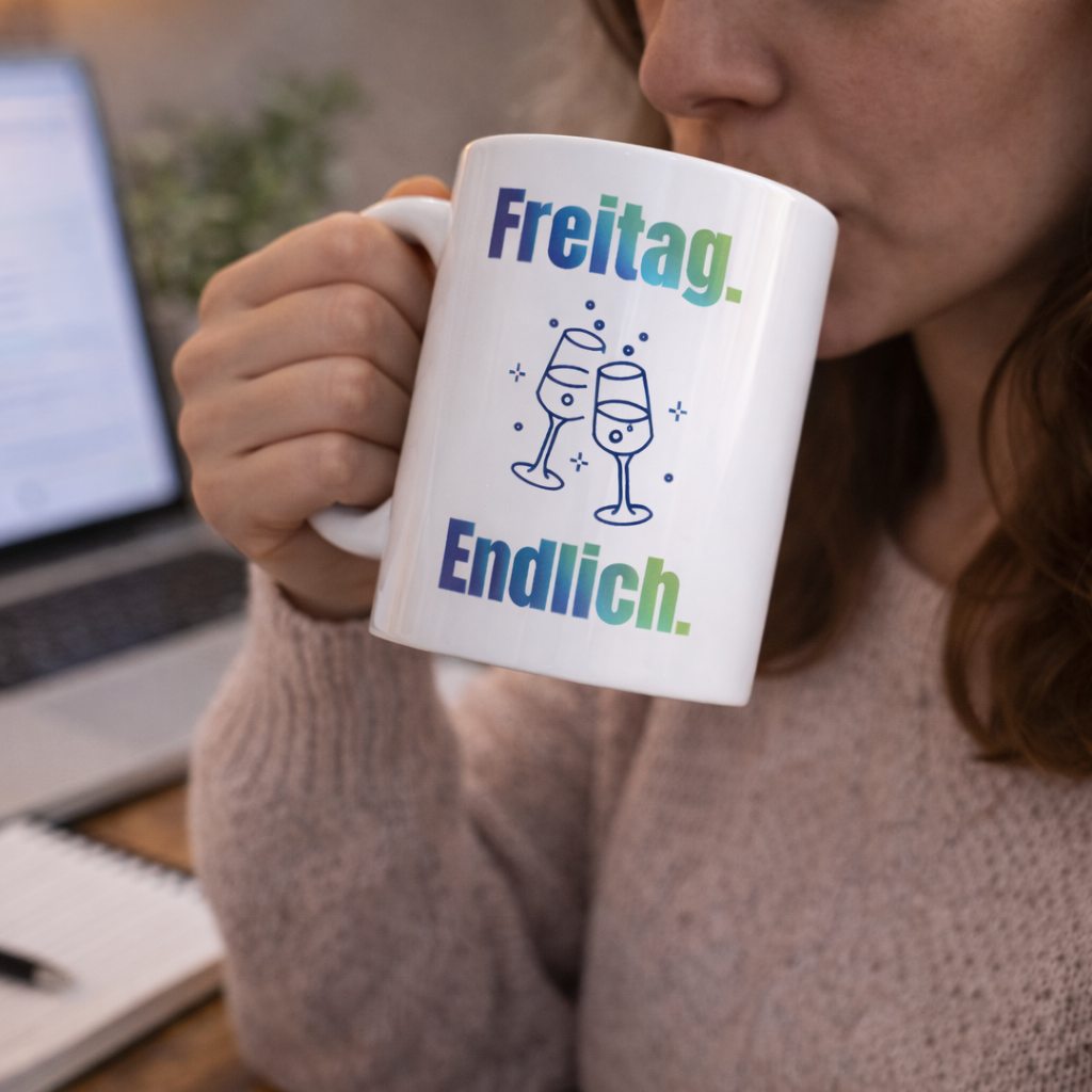 Weiße 300-ml-Keramiktasse mit dem Spruch „Freitag. Endlich.“ und zwei anstoßenden Gläsern – moderne Bürotasse für Feierabend und Wochenende.