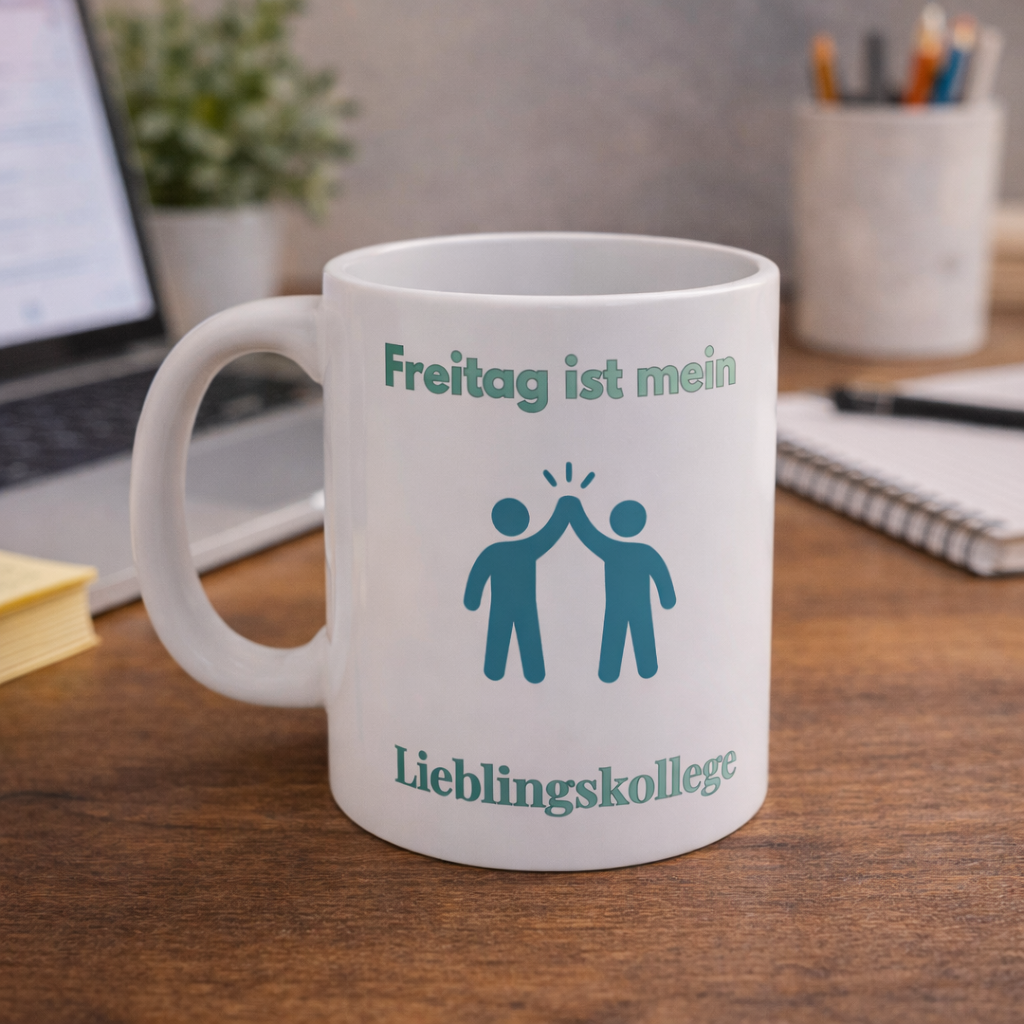 Weiße 300-ml-Keramiktasse mit High-Five-Symbol und dem Spruch „Freitag ist mein Lieblingskollege“ – lustige Bürotasse als Geschenk für Kollegen und Kolleginnen.