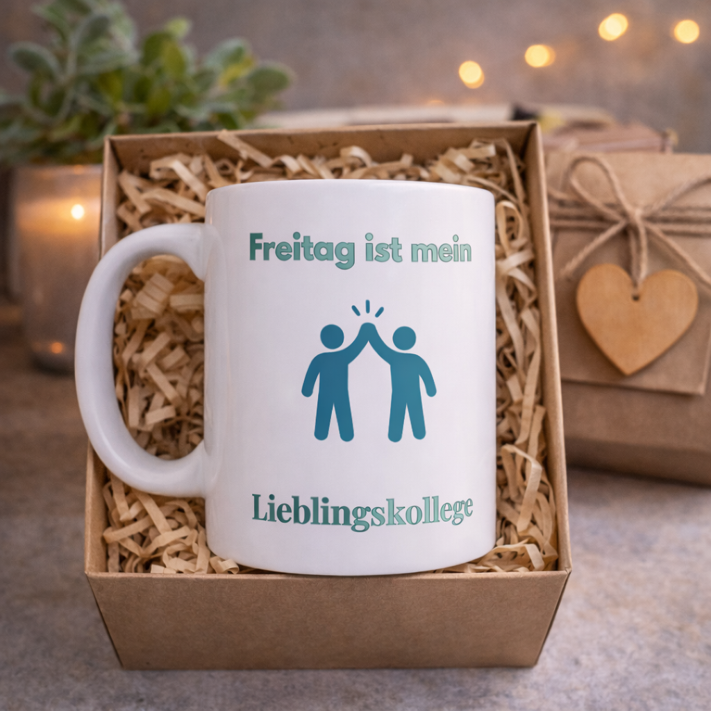 Weiße 300-ml-Keramiktasse mit High-Five-Symbol und dem Spruch „Freitag ist mein Lieblingskollege“ – lustige Bürotasse als Geschenk für Kollegen und Kolleginnen.