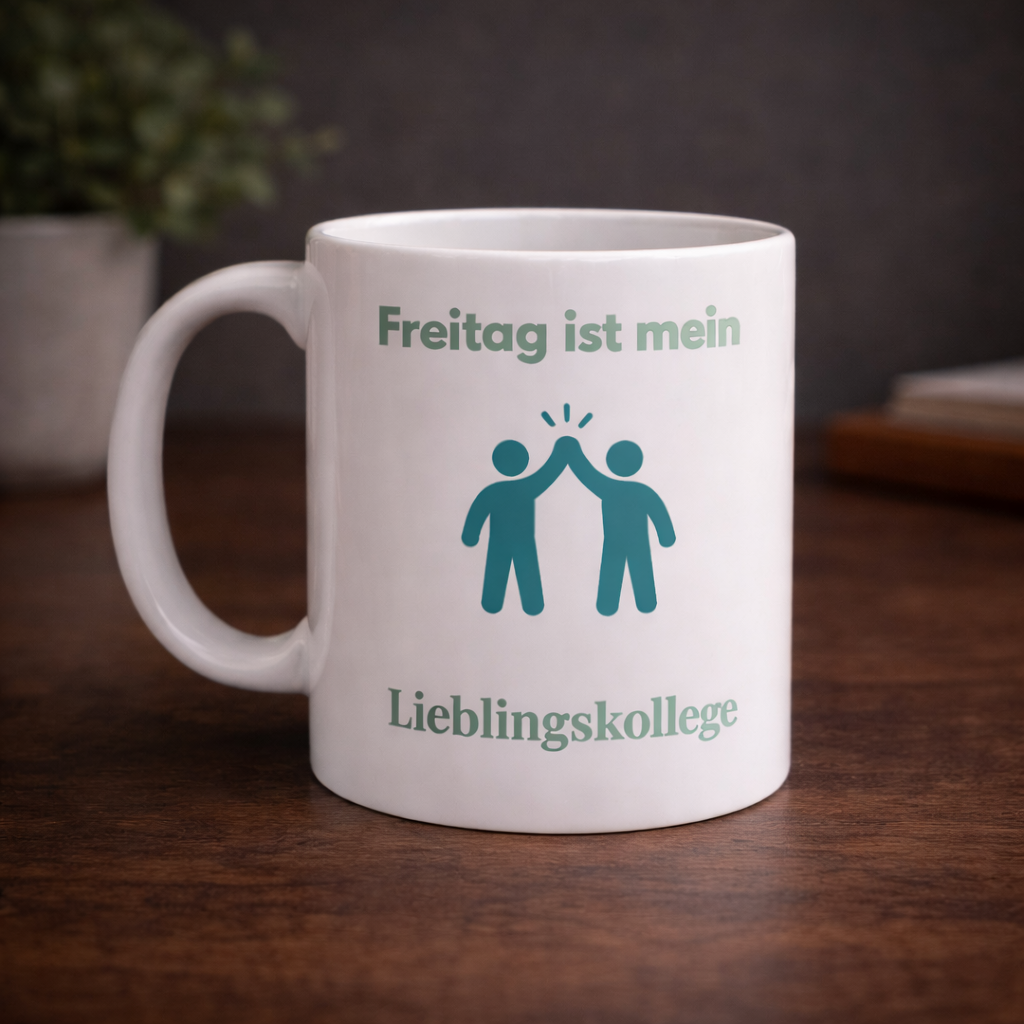 Weiße 300-ml-Keramiktasse mit High-Five-Symbol und dem Spruch „Freitag ist mein Lieblingskollege“ – lustige Bürotasse als Geschenk für Kollegen und Kolleginnen.