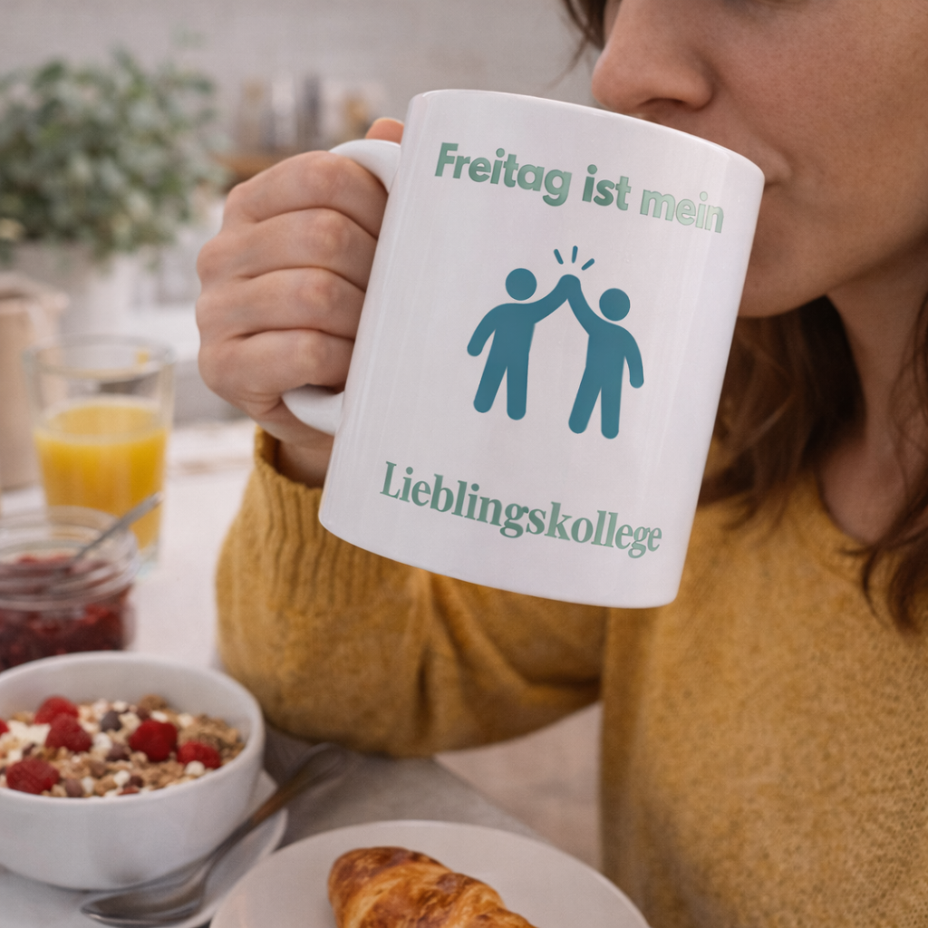 Weiße 300-ml-Keramiktasse mit High-Five-Symbol und dem Spruch „Freitag ist mein Lieblingskollege“ – lustige Bürotasse als Geschenk für Kollegen und Kolleginnen.