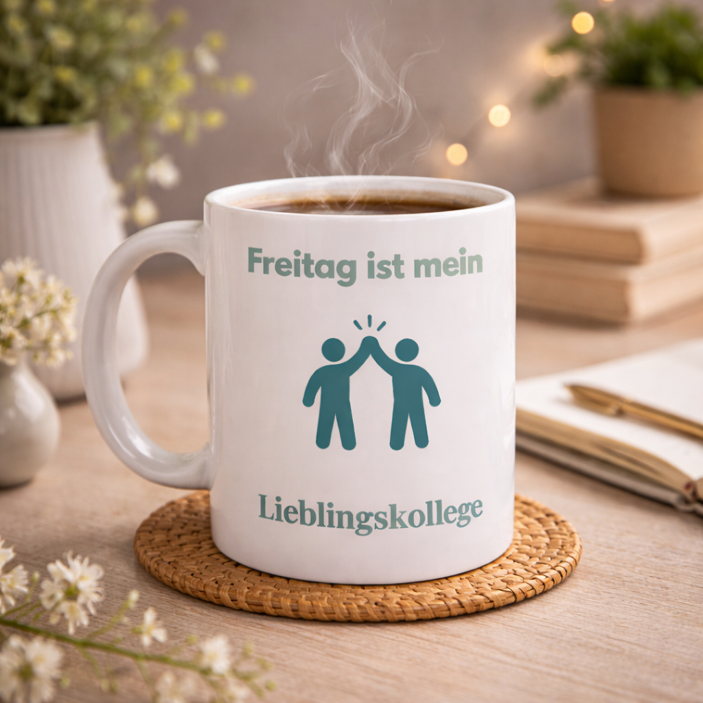 Weiße 300-ml-Keramiktasse mit High-Five-Symbol und dem Spruch „Freitag ist mein Lieblingskollege“ – lustige Bürotasse als Geschenk für Kollegen und Kolleginnen.