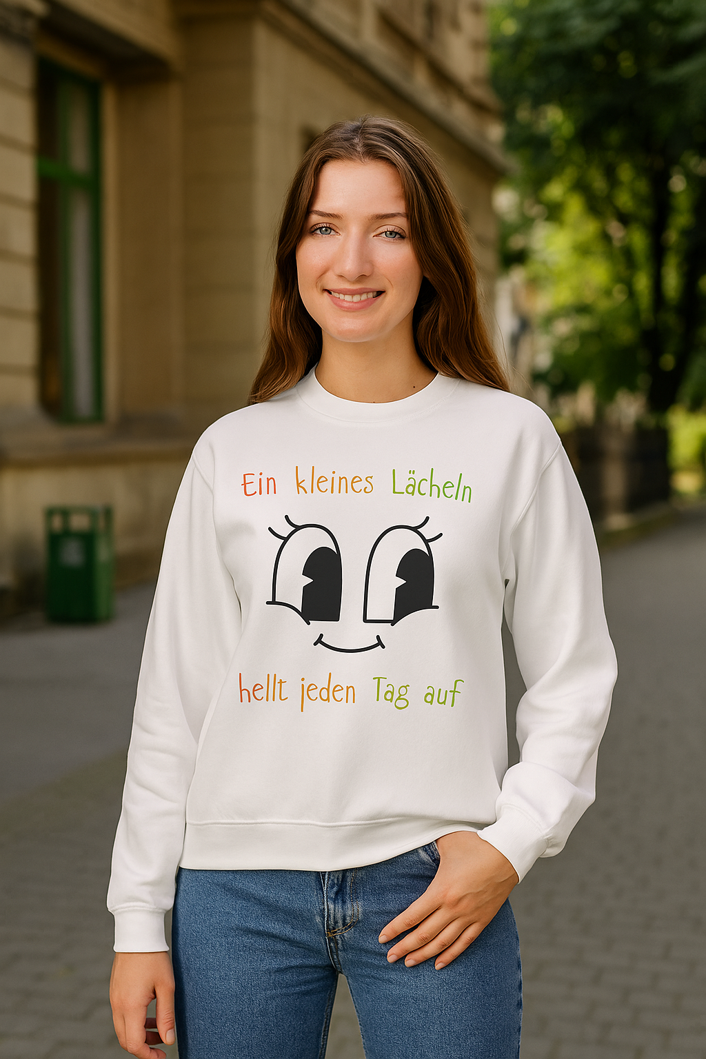Ein kleines Lächeln hellt jeden Tag auf Sweatshirt – Süßer Spruch Pullover – Gute Laune Geschenk – Motiv mit Gesicht