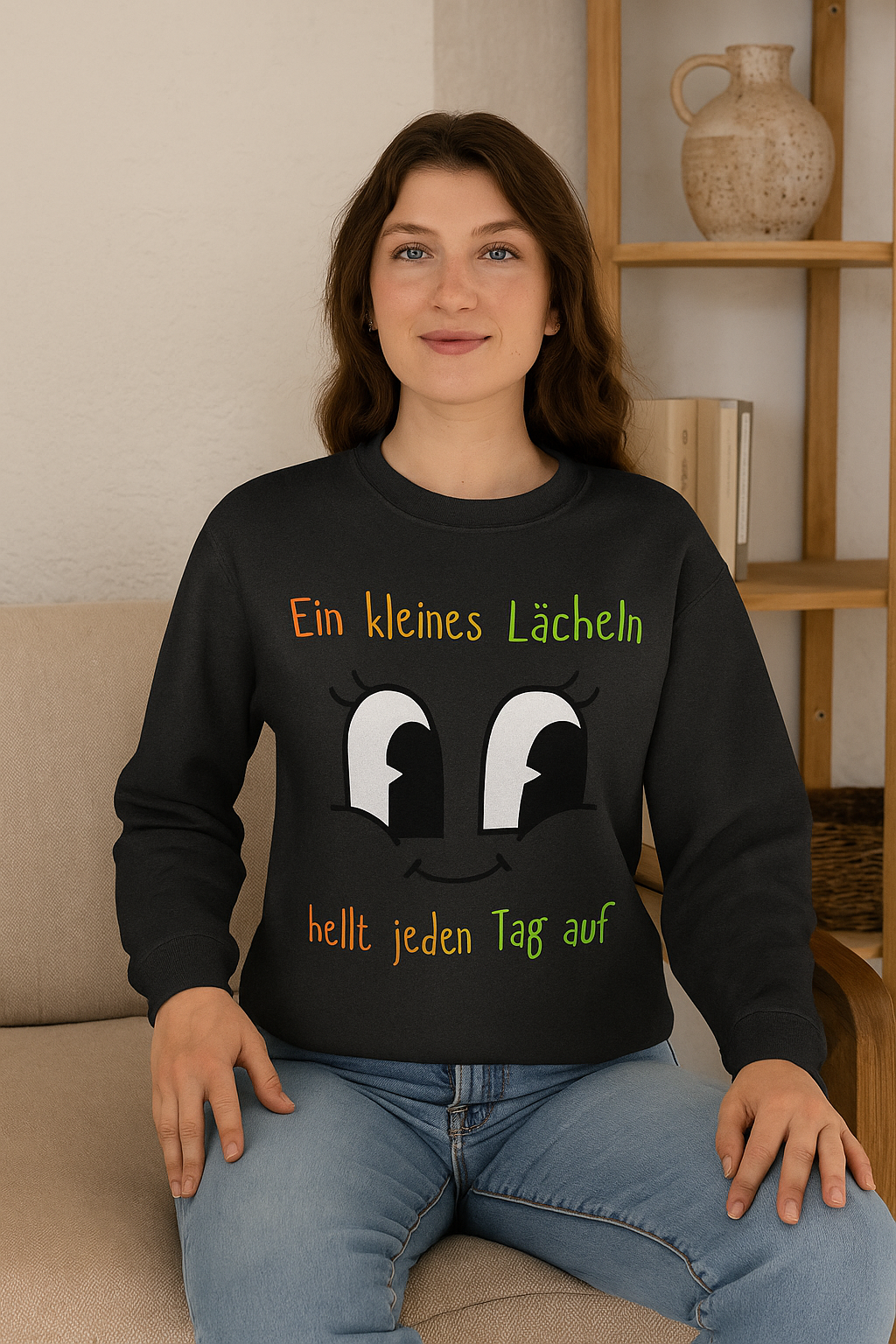 Ein kleines Lächeln hellt jeden Tag auf Sweatshirt – Süßer Spruch Pullover – Gute Laune Geschenk – Motiv mit Gesicht
