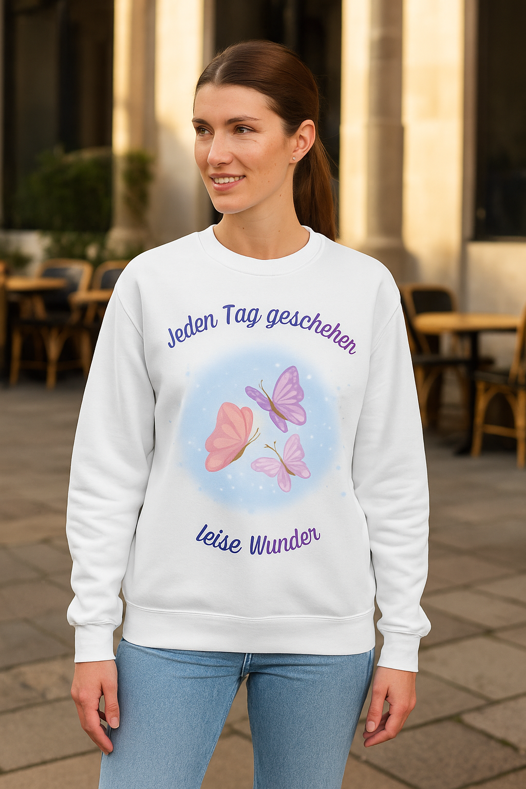 Jeden Tag geschehen leise Wunder Sweatshirt – Schmetterling Sweatshirt – Motivations Sweatshirt Damen & Herren