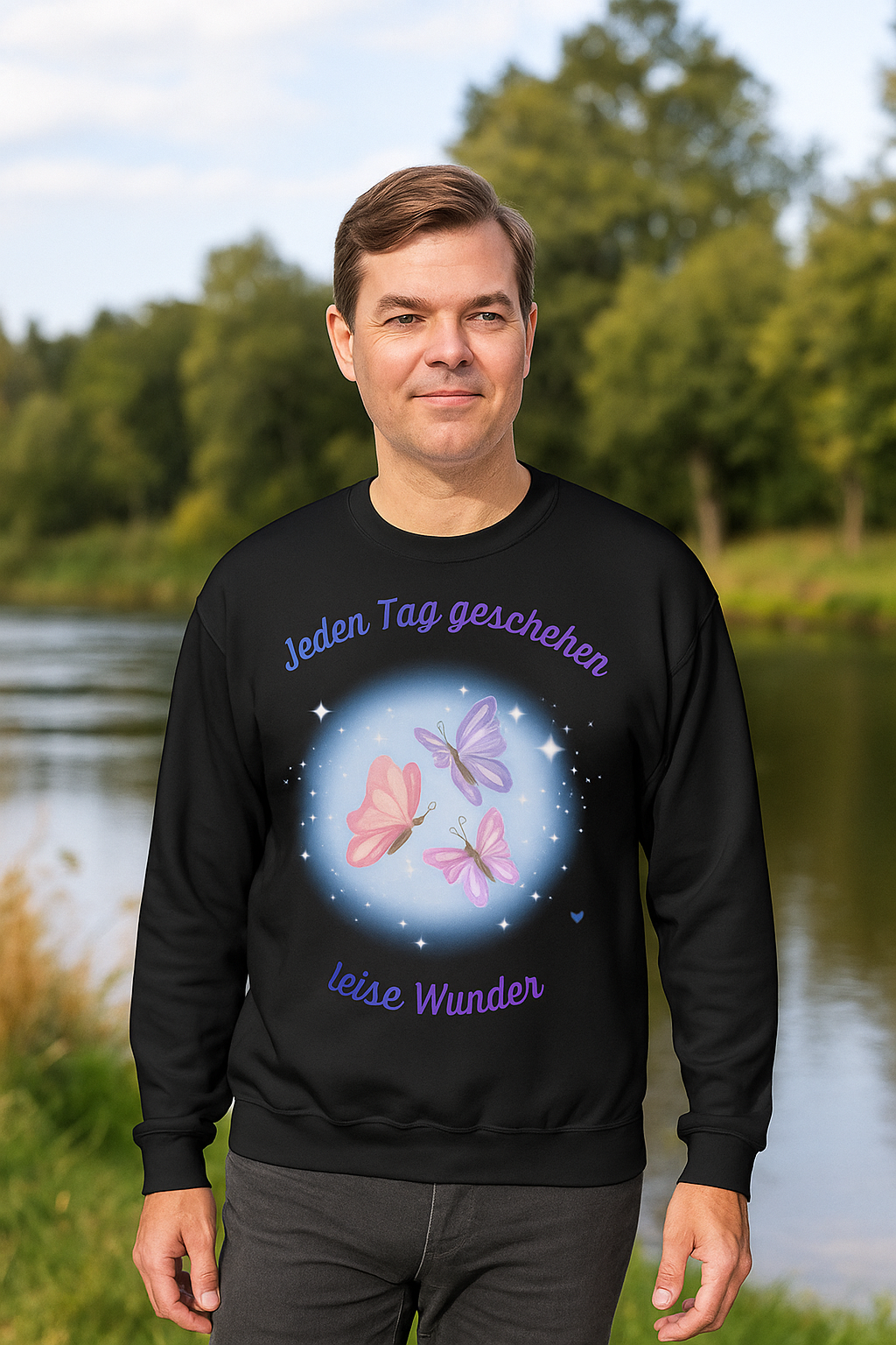 Jeden Tag geschehen leise Wunder Sweatshirt – Schmetterling Sweatshirt – Motivations Sweatshirt Damen & Herren