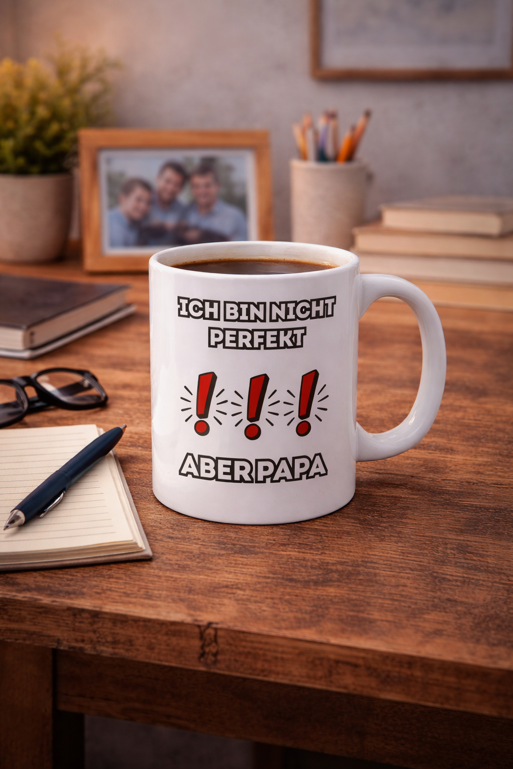Weiße 300-ml-Keramiktasse mit dem Spruch „Ich bin nicht perfekt, aber Papa“ und roten Ausrufezeichen – lustige Geschenkidee für Väter.